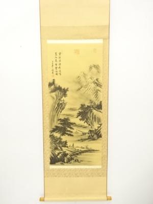 中国　渓月筆　水墨山水　肉筆絹本掛軸